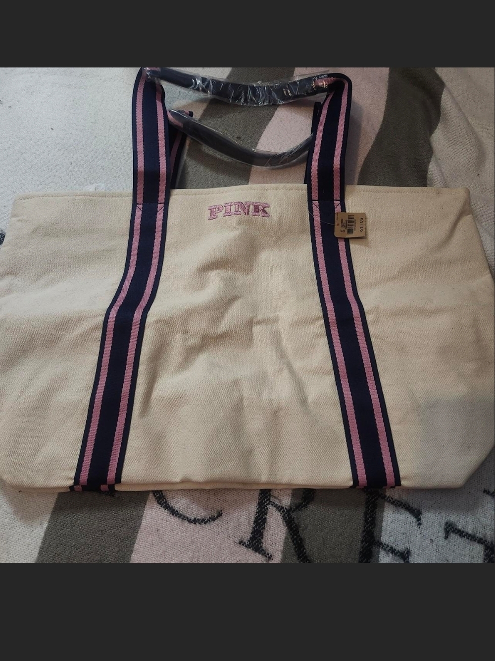 PINK Victoria's Secret Cream Canvas Tote with Pink & Navy Straps